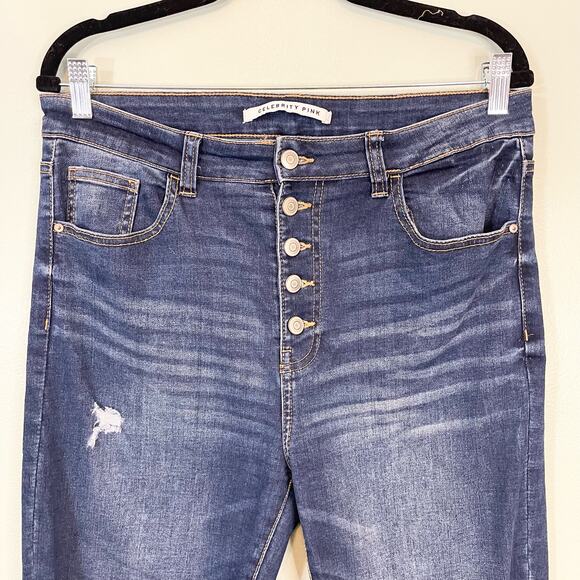 Celebrity Pink Blue Denim Stretch Distressed Button Skinny Ankle Jeans Size 13 - Picture 3 of 10